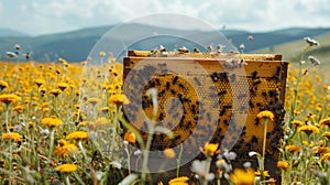 Bees swarm a hive amidst a vibrant field of flowers under a clear sky, illustrating nature's pollination process photo