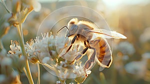 Bees swarming on flowers. Macro shot of a bee on a lotus flower. Recreation of bee between flowers at sunset