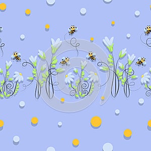 Bees swarming. Swarm. Chamomile vector background, pattern. World Bee Day. Honey bees fly.