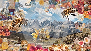 Bees take flight in a whimsical collage blending elements of alpine landscapes with the vivid details of pollination and