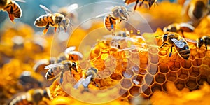 Bees at Work on Golden Honeycomb. May 20, World bee day