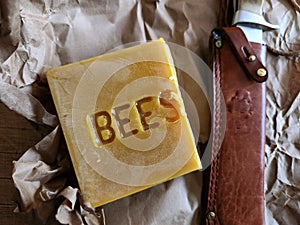 Beeswax block, raw natural pure beeswax with knife