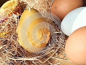 Beeswax Egg Handmade candle with chicken eggs. Crafting.