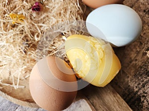 Beeswax Egg Handmade candle with chicken eggs. Crafting.