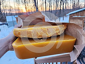 Beeswax Raw block, Natural pure beeswax with winter sunset.