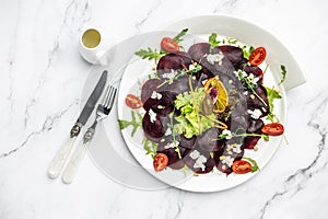 Beet carpaccio with feta and arugula. banner, menu, recipe place for text, top view