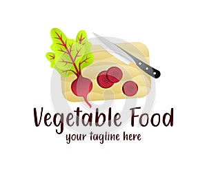 Beet on a cutting board with a knife, illustration and logo design. Cuisine, vegetarian and vegetables food, vector