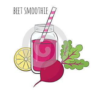 Beet smoothie in jar with ingredients