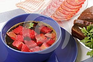 Beet soup with meat and bread