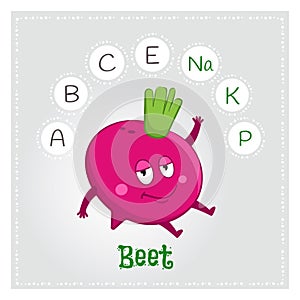 Beet vegetable vitamins and minerals. Funny vegetable character. Healthy food illustration