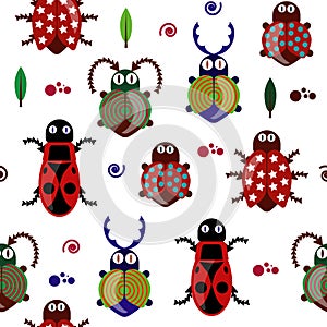 Beetle and bug pattern on white background