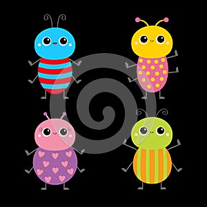 Beetle bug set. Insect animal. Cute cartoon kawaii smiling baby character. Blue red color. Education cards for kids. Black