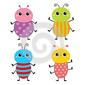 Beetle bug set. Insect animal. Cute cartoon kawaii smiling baby character. Blue red color. Education cards for kids. Isolated.