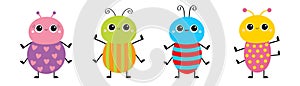 Beetle bug set line. Insect animal collection. Cute cartoon kawaii smiling baby character. Education cards for kids. Isolated.