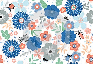 Beetle Bugs Floral Seamless Vector Pattern