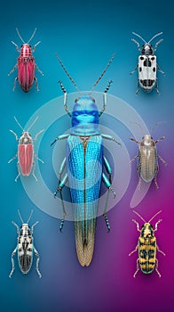 Beetle congregation, exploring the world of insects on a vibrant blue backdrop discover