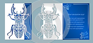 Beetle deer paper. Laser cut. Set template for laser cutting and Plotter. Vector illustration. Pattern for the laser cut, plotter