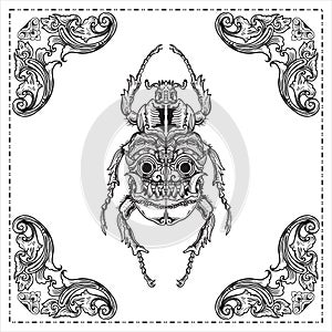 Beetle engraving A deer beetle with a face and mask on the wings hand drawn illustration design