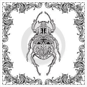 Beetle engraving A deer beetle with a face and mask on the wings hand drawn illustration design