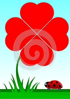 Beetle facing a red shamrock with four foils