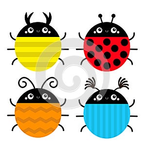 Beetle lady bug set. Insect animal collection. Ladybug, ladybird. Cute cartoon kawaii smiling baby character. Funny horns.