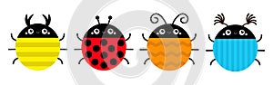 Beetle lady bug set line. Insect animal collection. Ladybug, ladybird. Funny horns. Cute cartoon kawaii smiling baby character.