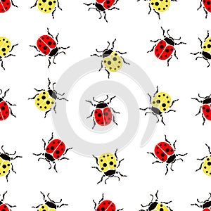 Beetle ladybug seamless pattern, insects vector background. Red and yellow speckled bugs on a white . For fabric design, wallpaper