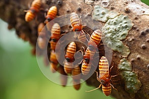 beetle larvae crawling on tree