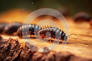 beetle larvae crawling on wooden surface