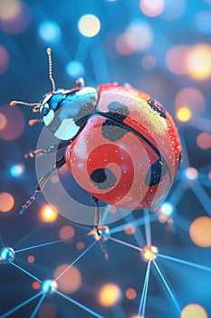 A beetle is walking along a glowing thread in a web of sparkling lights