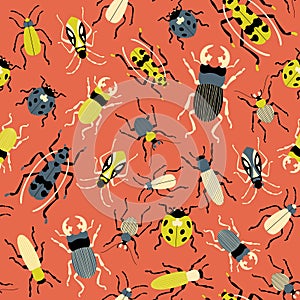 Beetles seamless pattern. Retro style bugs background. Vector illustration