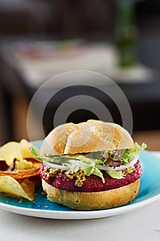 Beetroot burger on white bread