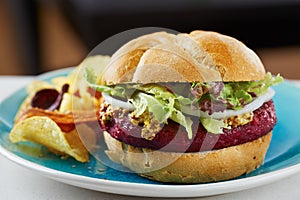 Beetroot burger on white bread