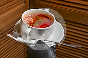 Beetroot and cabbage soup, borshch. Waiter serving dinner at restaurant or diner, eating out concept