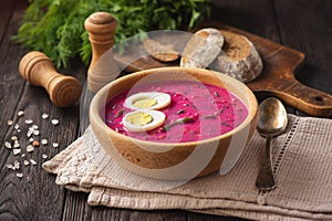 Beetroot cold soup with yogurt and eggs.