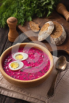 Beetroot cold soup with yogurt and eggs.