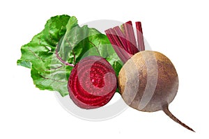 Beetroot with green leaves, fresh whole beet isolated on white background