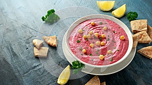 Beetroot Hummus with chickpea, olive oil, lemon and pita bread