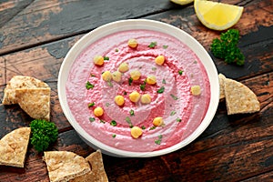 Beetroot Hummus with chickpea, olive oil, lemon and pita bread