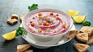 Beetroot Hummus with chickpea, olive oil, lemon and pita bread