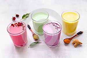 Beetroot matcha and turmeric latte coffee or tea. Healthy antioxydant drinks