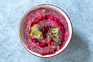 Beetroot Pad Thai Rice Noodles with Beet Flavored and Broccoli in Bowl