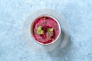 Beetroot Pad Thai Rice Noodles with Beet Flavored and Broccoli in Bowl