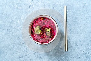 Beetroot Pad Thai Rice Noodles with Beet Flavored and Broccoli in Bowl