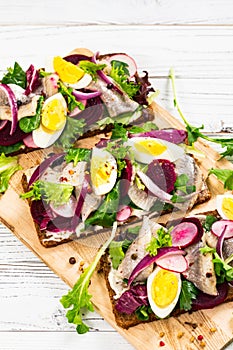 Beetroot and Pickled Marinated Herring Open Sandwich on Rye Bread