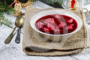 Beetroot red borsch with polish dumplings uszka