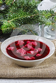 Beetroot red borsch with polish dumplings uszka