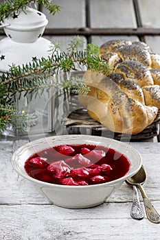 Beetroot red borsch with polish dumplings uszka