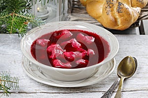 Beetroot red borsch with polish dumplings uszka.