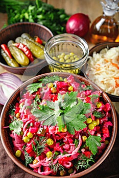 Beetroot salad vinaigrette in a clay bowl